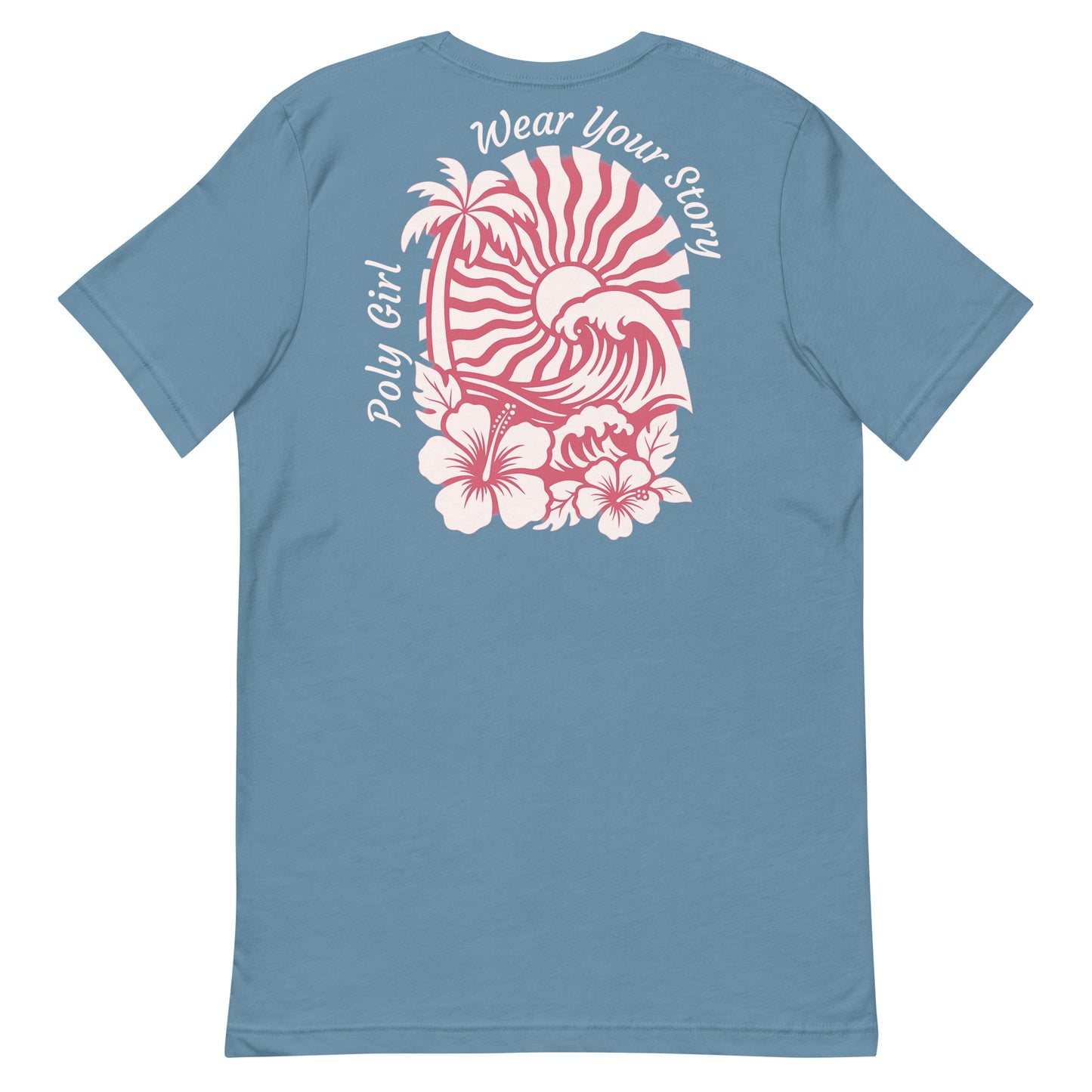 Back of blue Poly Girl t-shirt with hibiscus, palm tree, and wave design in pink and white