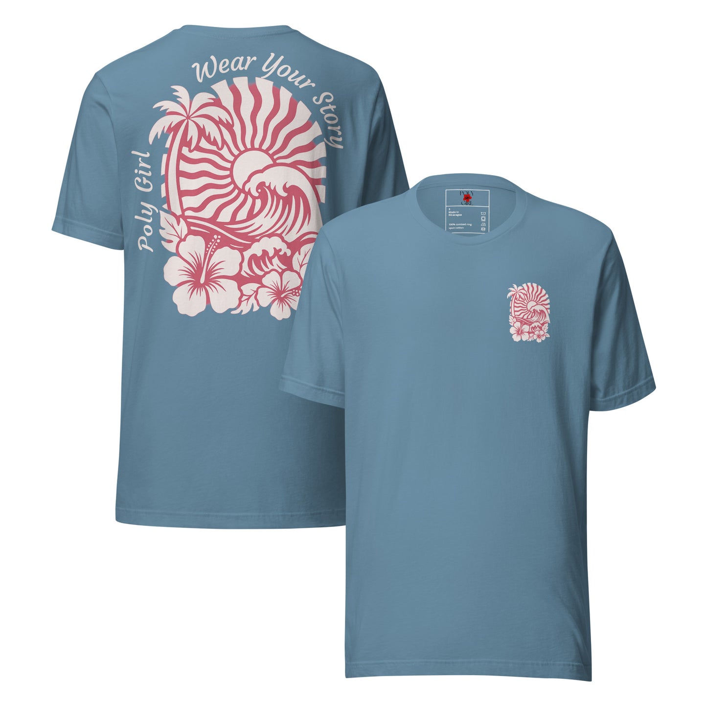 Front and Back of blue Poly Girl t-shirt with hibiscus, palm tree, and wave design in pink and white