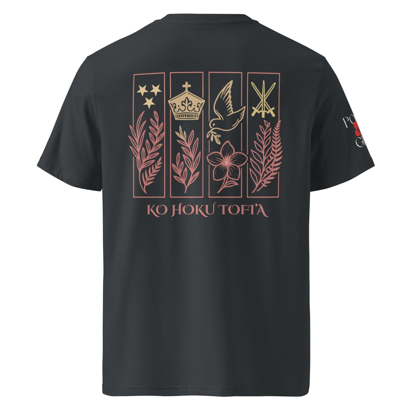 Poly Girl Ko Hoku Tofi’a heritage shirt in dark gray with gold Tongan motifs of the Tongan seal.