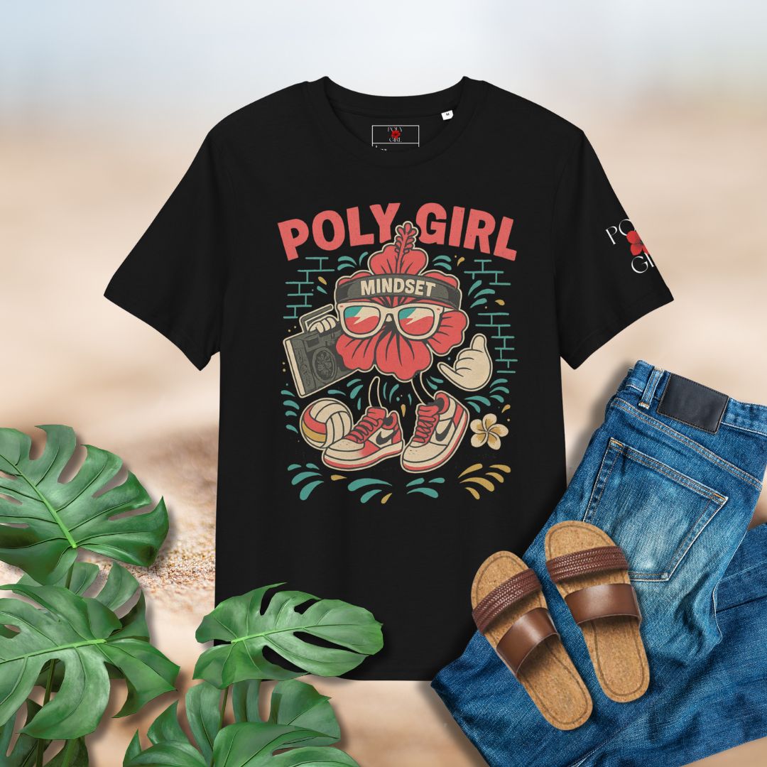 Poly Girl hibiscus character with shades and boom box on black tee