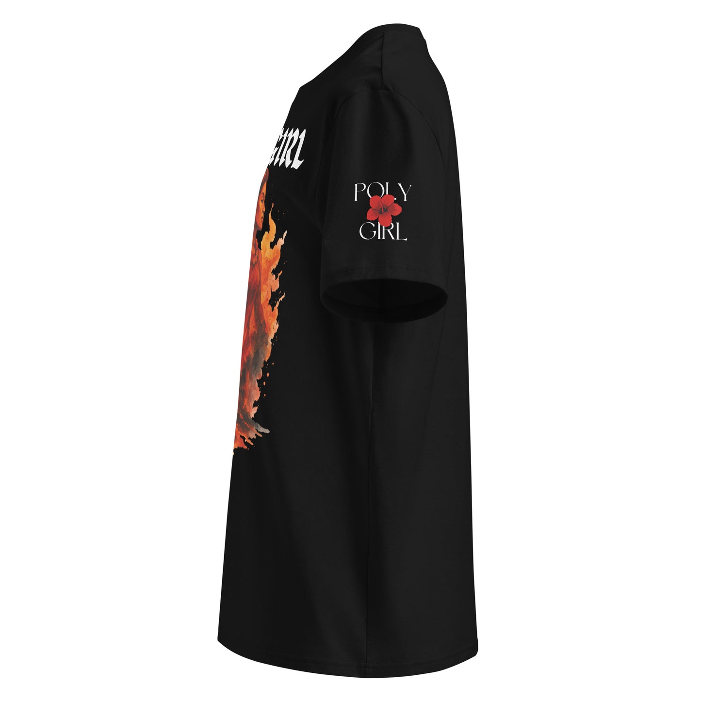Organic cotton t-shirt with Pele Fire Goddess artwork, celebrating passion and strength, and Poly Girl logo on left sleeve