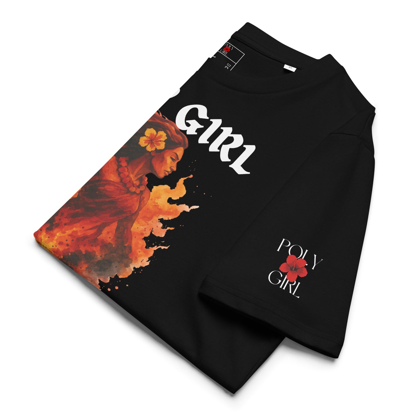 Watercolor-inspired Pele goddess design, printed on a black Poly Girl ladies’ tee