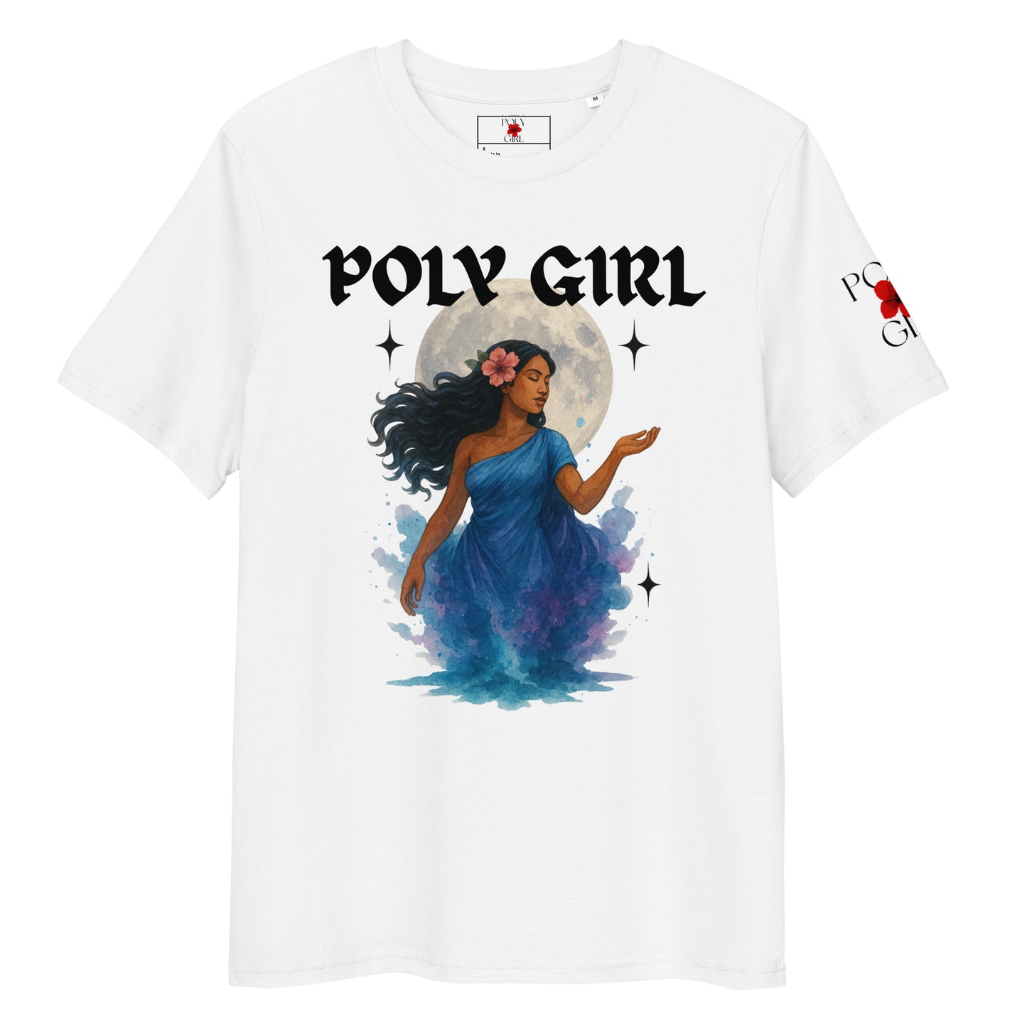Ladies' Organic cotton t-shirt featuring Hina, the Polynesian moon goddess, in watercolor art.