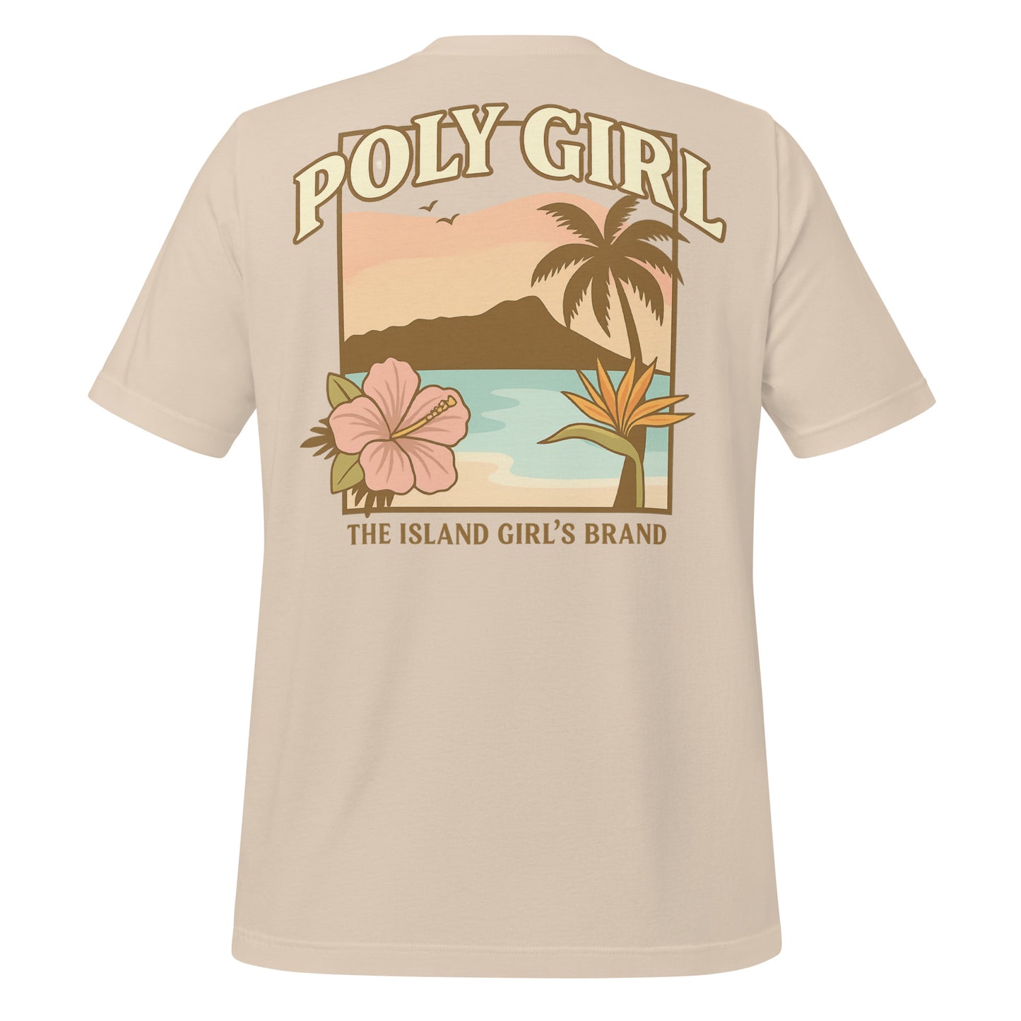 Back view of beige Poly Girl t-shirt with tropical sunset, palm trees, hibiscus, and bird of paradise design. The Island Girl's Brand printed on graphics.