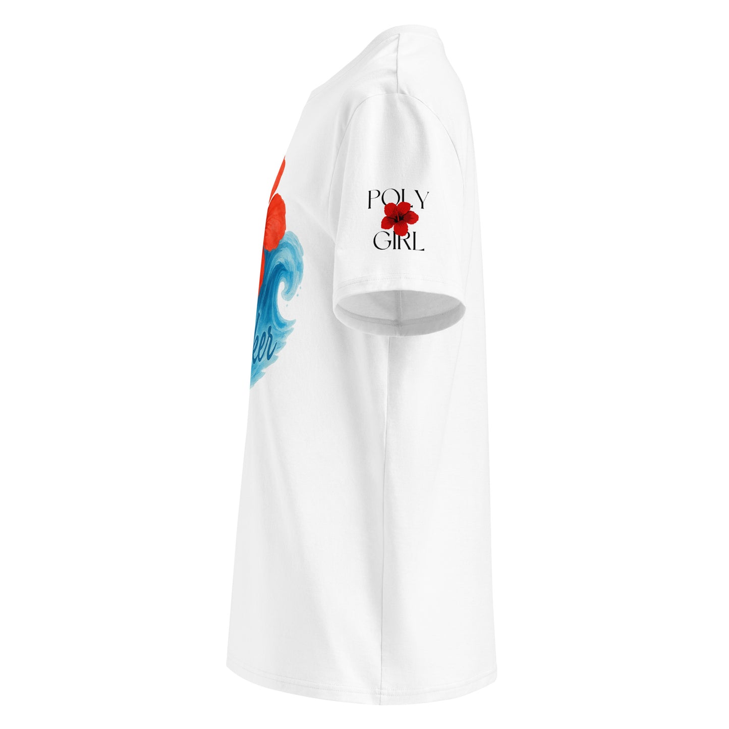 Side view of Poly Girl Wave Maker t-shirt with red hibiscus and wave watercolor graphic visible