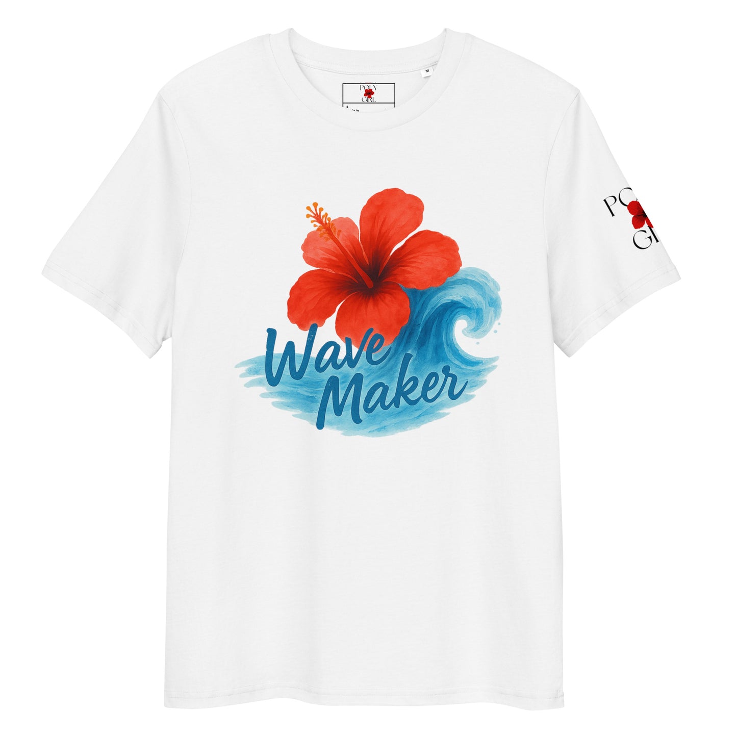Poly Girl Wave Maker t-shirt with red hibiscus and wave watercolor graphic visible.