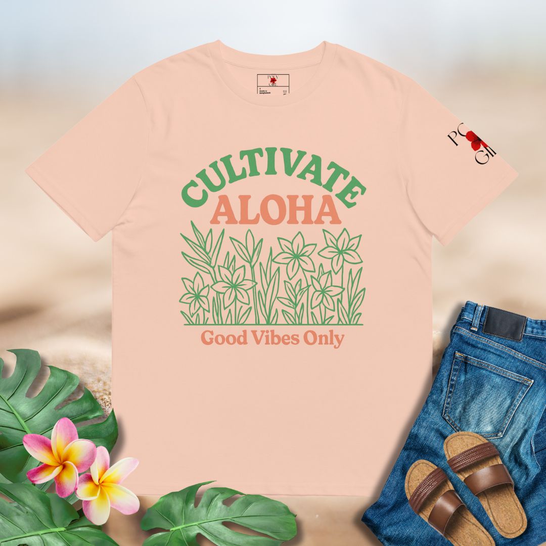 t-shirt with green plants and text Cultivate Aloha Good Vibes Only