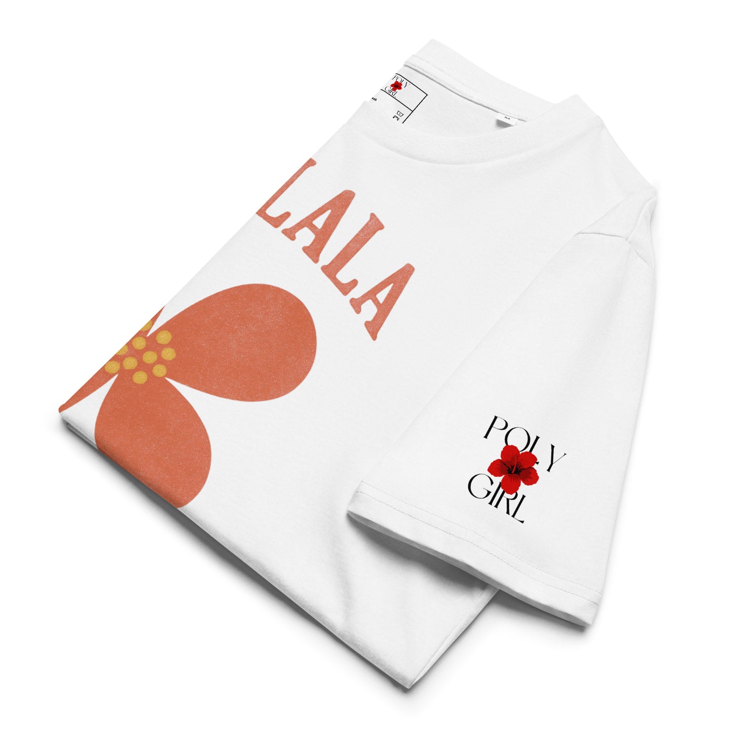 t-shirt with red heilala flower and Poly Girl logo