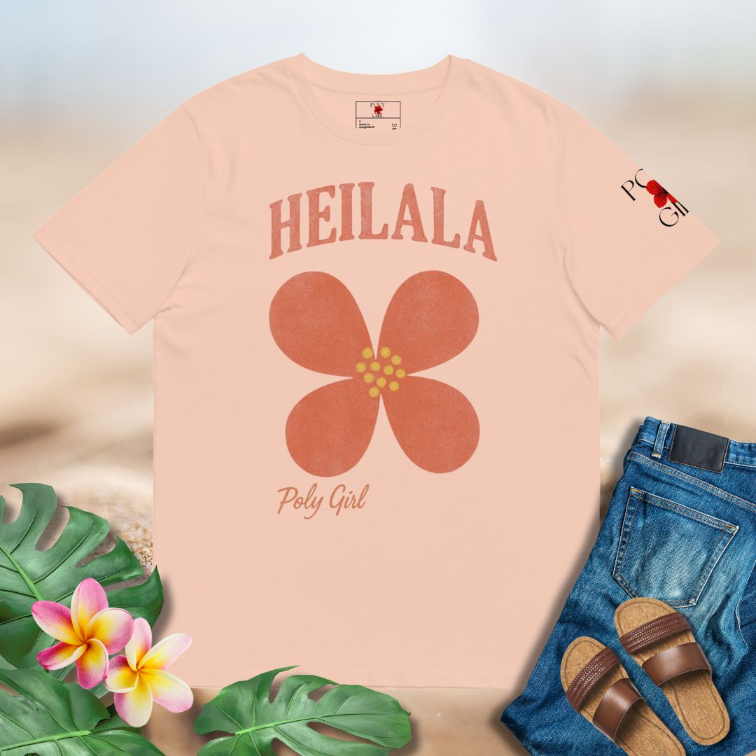 t-shirt with red heilala flower and Poly Girl text in peach