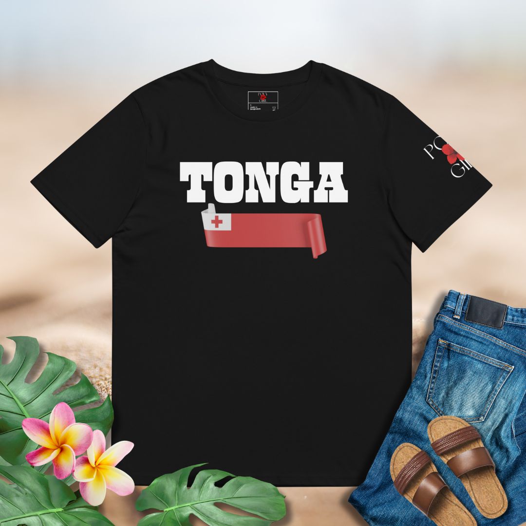 Black t-shirt with bold white Tonga text and red Tongan flag design