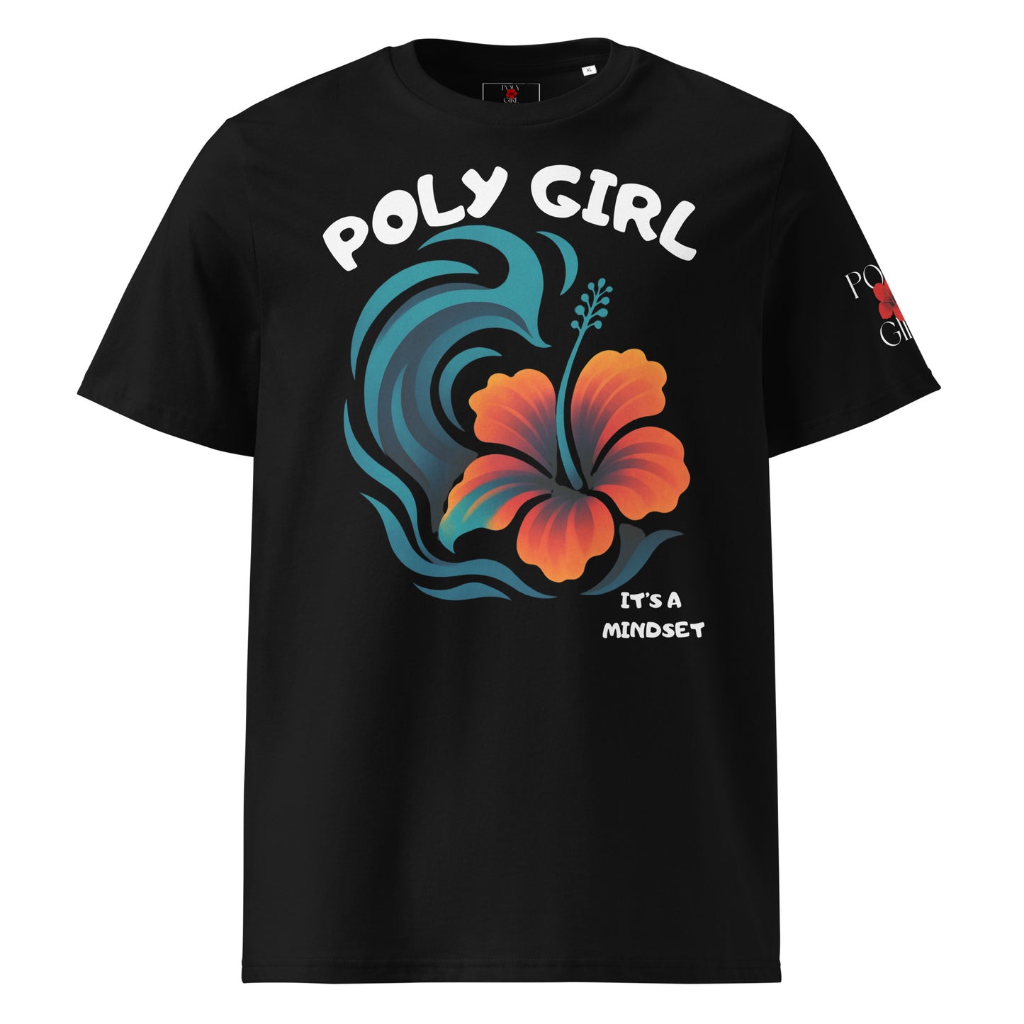 Poly Girl organic cotton t-shirt with bold hibiscus flower and ocean wave design.