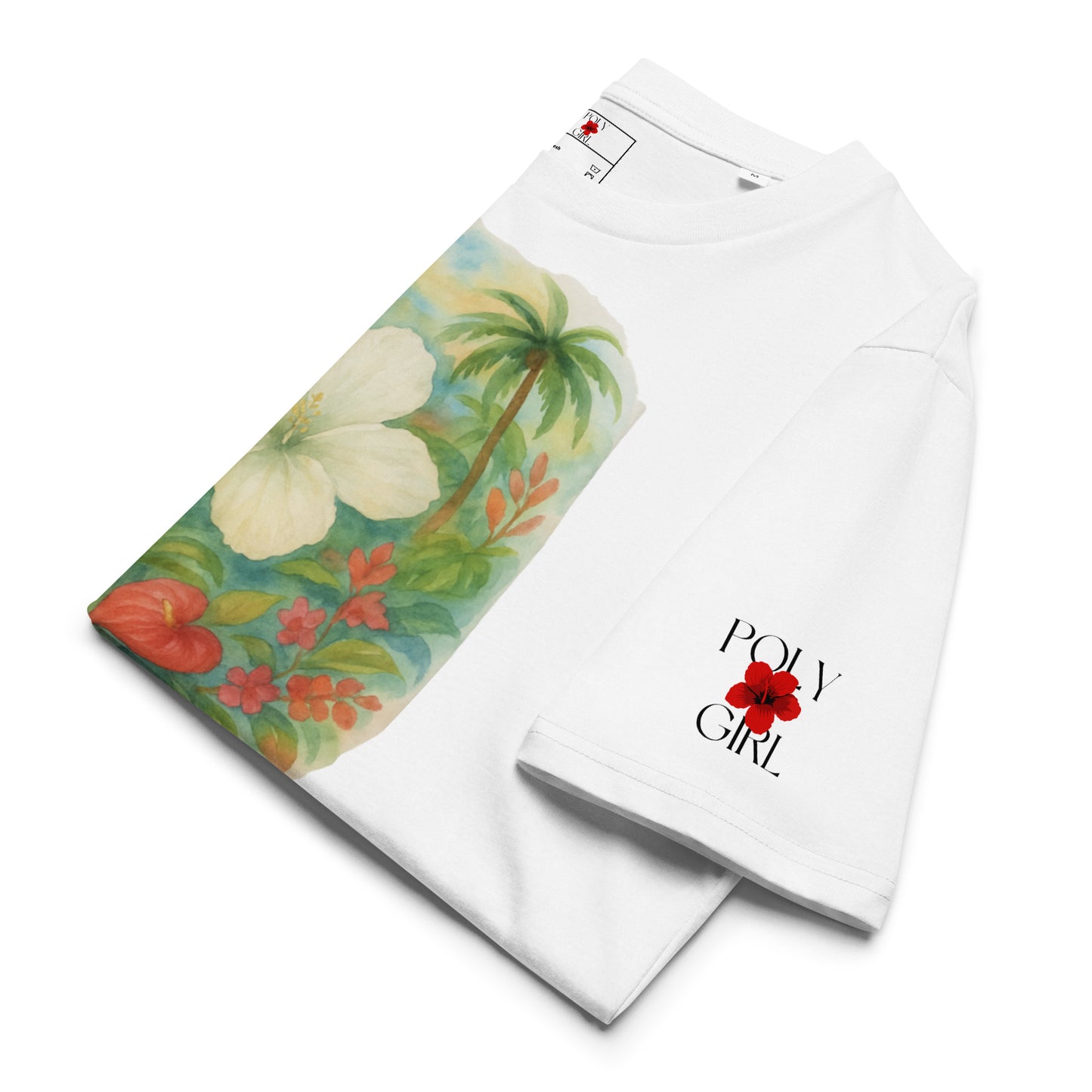 unisex-organic-ribbed-neck-t-shirt-white-folded view with Poly Girl logo on left sleeve