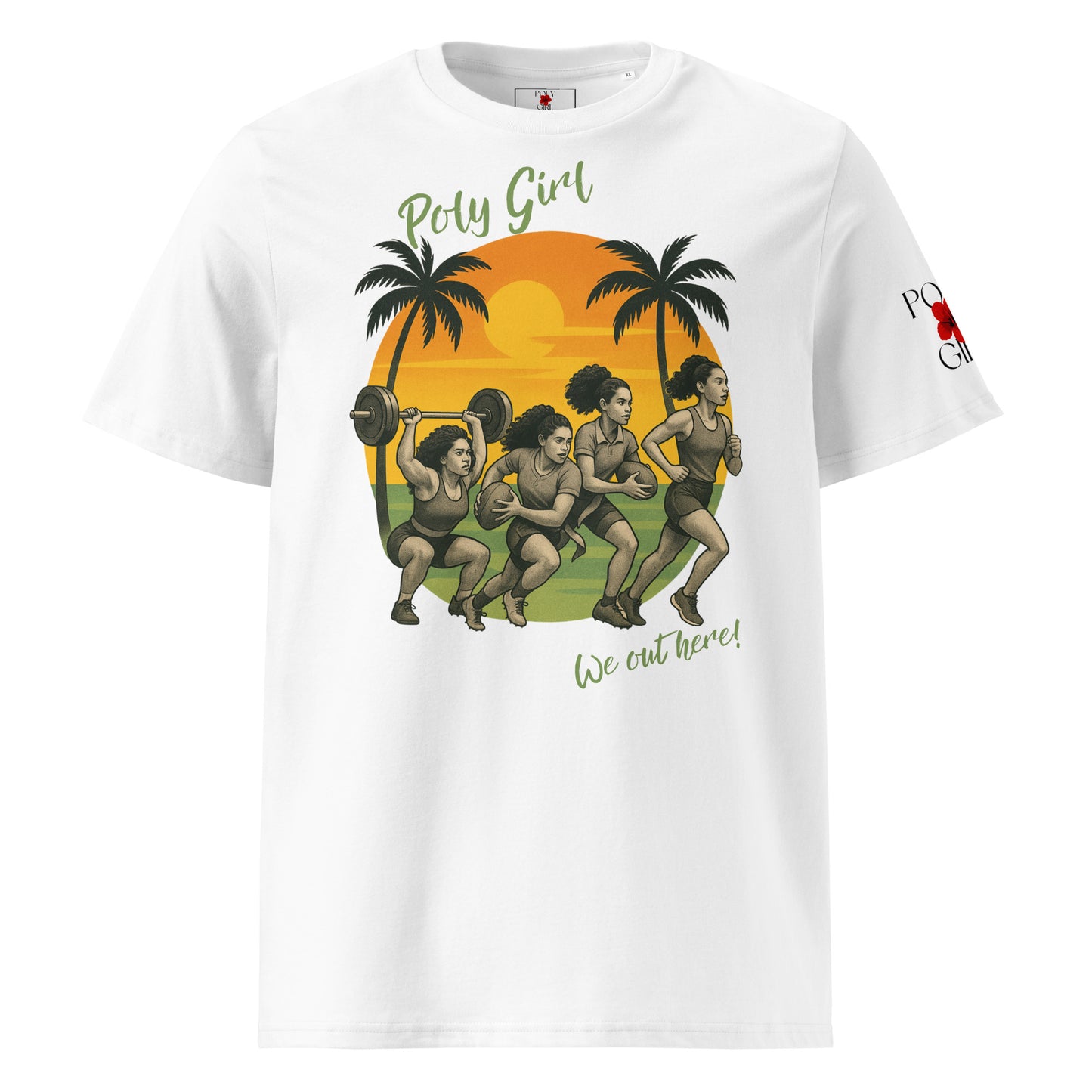 Polynesian athletes tshirt design on white tshirt by Poly Girl with the text We Out Here! on the front