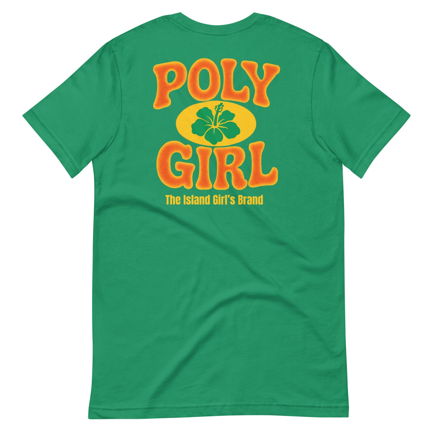 Poly Girl Hibiscus Emblem Tee in green with retro orange lettering and The Island Girl's Brand writing