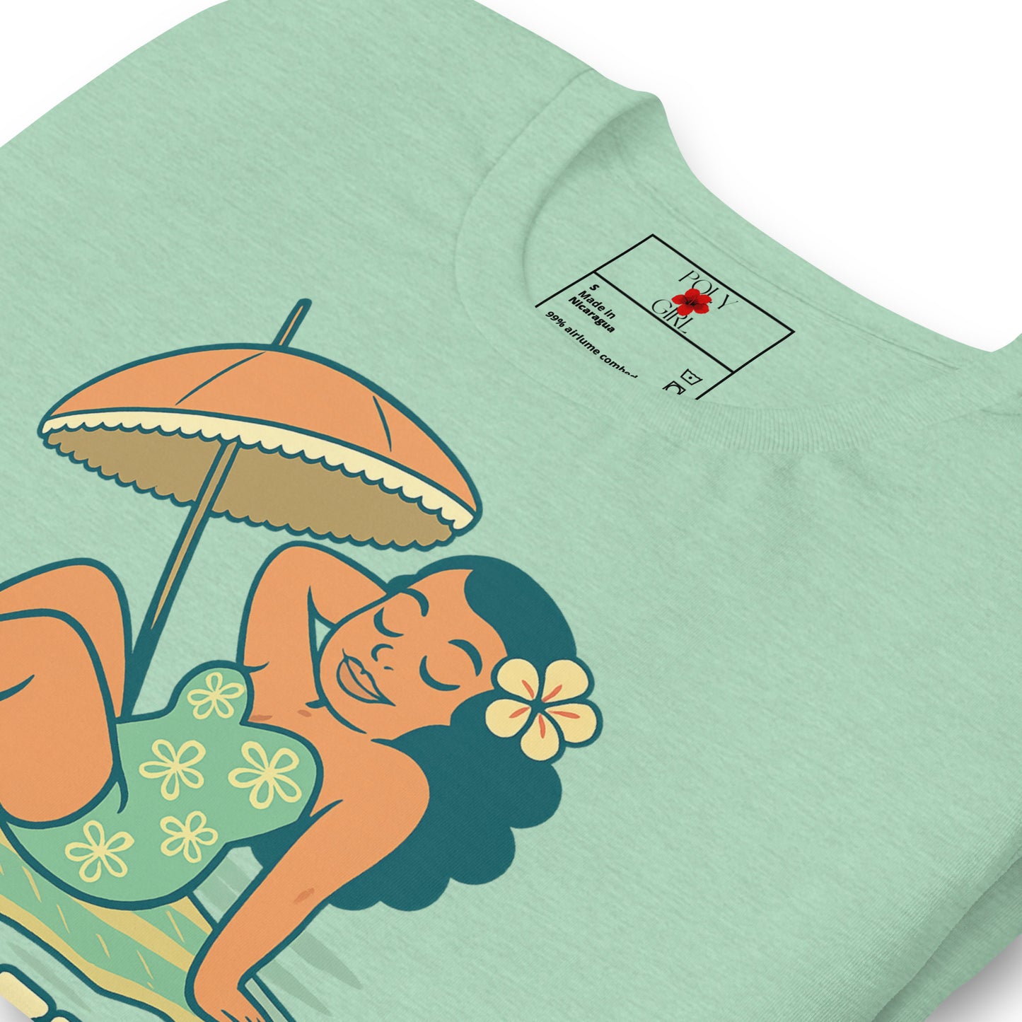Vintage island girl graphic in swimsuit and flower, lounging on a mat with umbrella, text reads "Glow Ready."