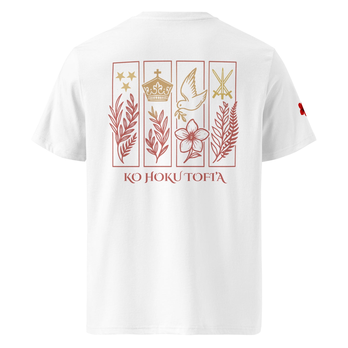 Poly Girl Ko Hoku Tofi’a heritage shirt in wgute with gold and red Tongan symbols – The Island Girl’s Brand cultural apparel.