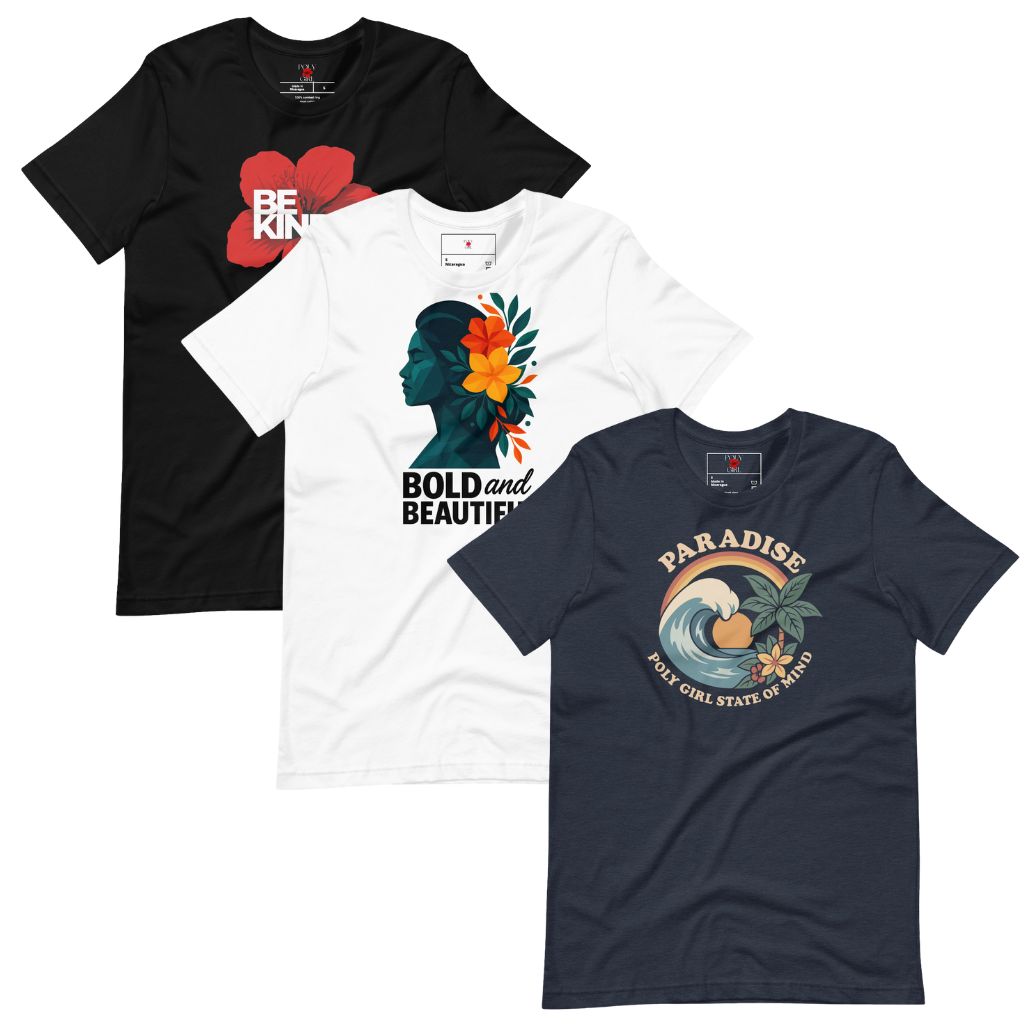 Poly Girl Tshirt Collection with a black, white, and blue t-shirt with floral designs stacked. 