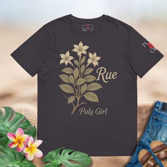 Black t-shirt with floral design and 'Rue Poly Girl' text on a neutral background