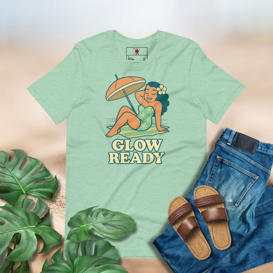 Retro-style illustration of a Polynesian-inspired woman relaxing under a beach umbrella with the words "Glow Ready."