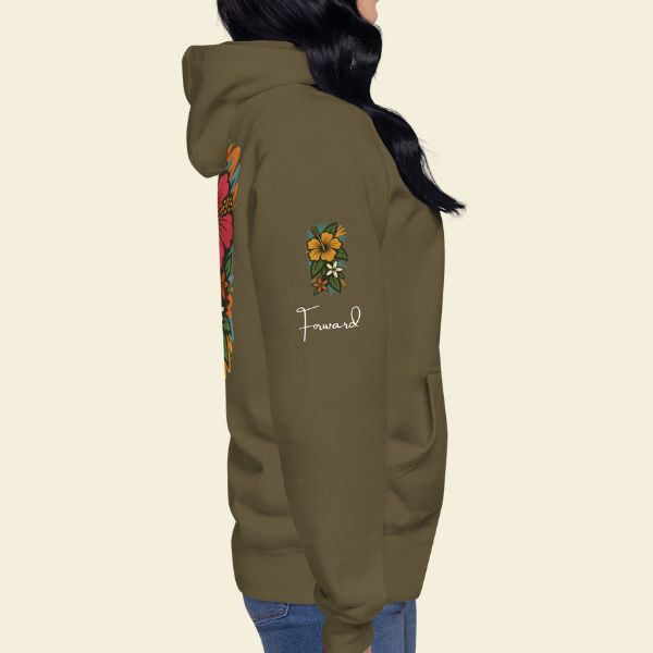 Model wearing Aga‘i i luma hoodie, symbolizing forward movement and Pacific Islander cultural strength.