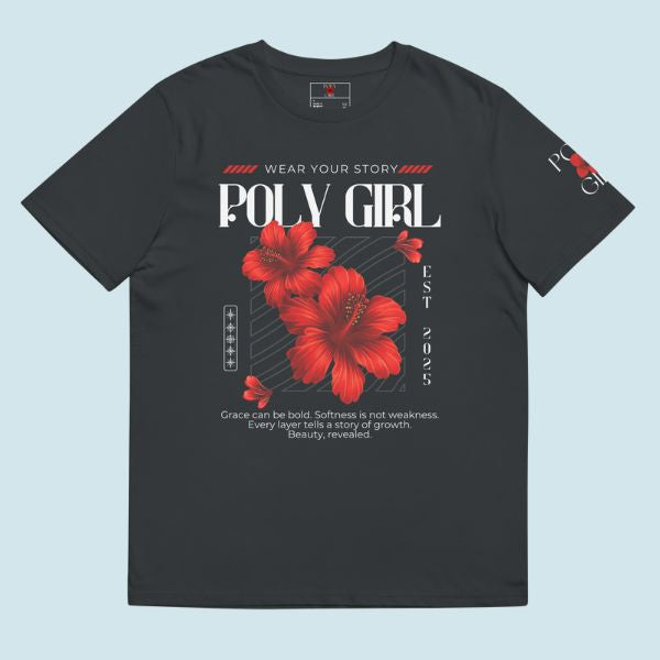 Women’s Poly Girl organic cotton tee in ark gray with red hibiscus and Beauty Revealed message
