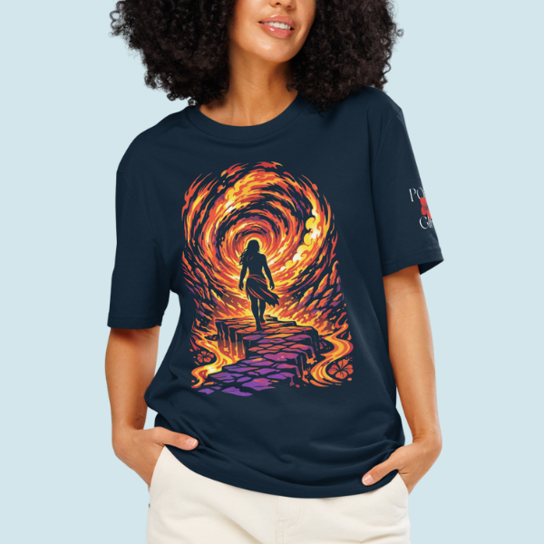 Abstract fire-inspired artwork on the Poly Girl Onward Tee