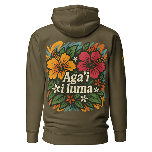 Aga‘i i luma hoodie, symbolizing forward movement and Pacific Islander cultural strength.