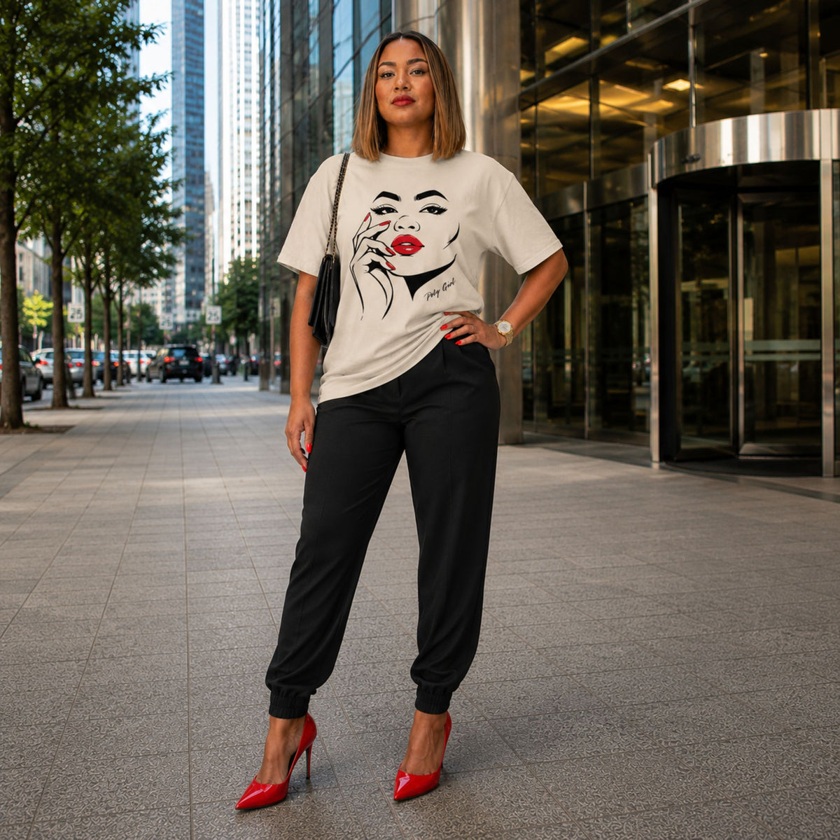 All Made up and somewhere to go Tshirt modeled in San Francisco. backdrop by Poly Girl in beige