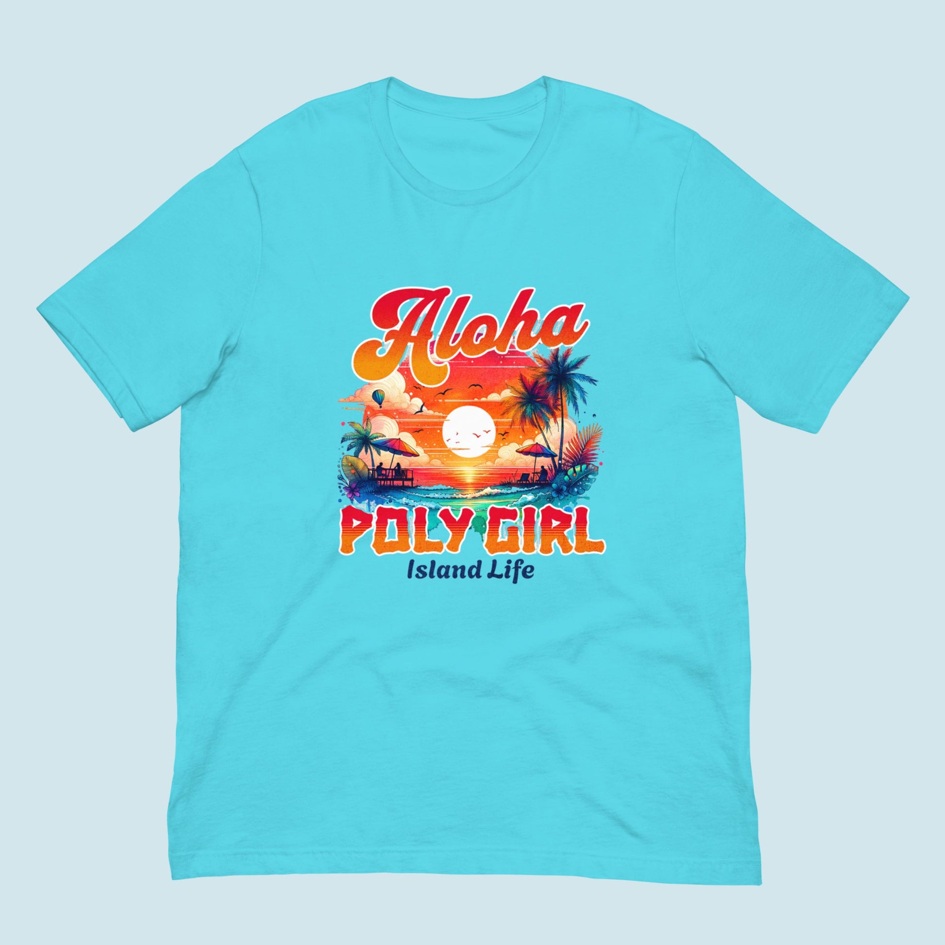 Turquoise t-shirt with 'Aloha Poly Girl Island Life' graphic design on a light blue background