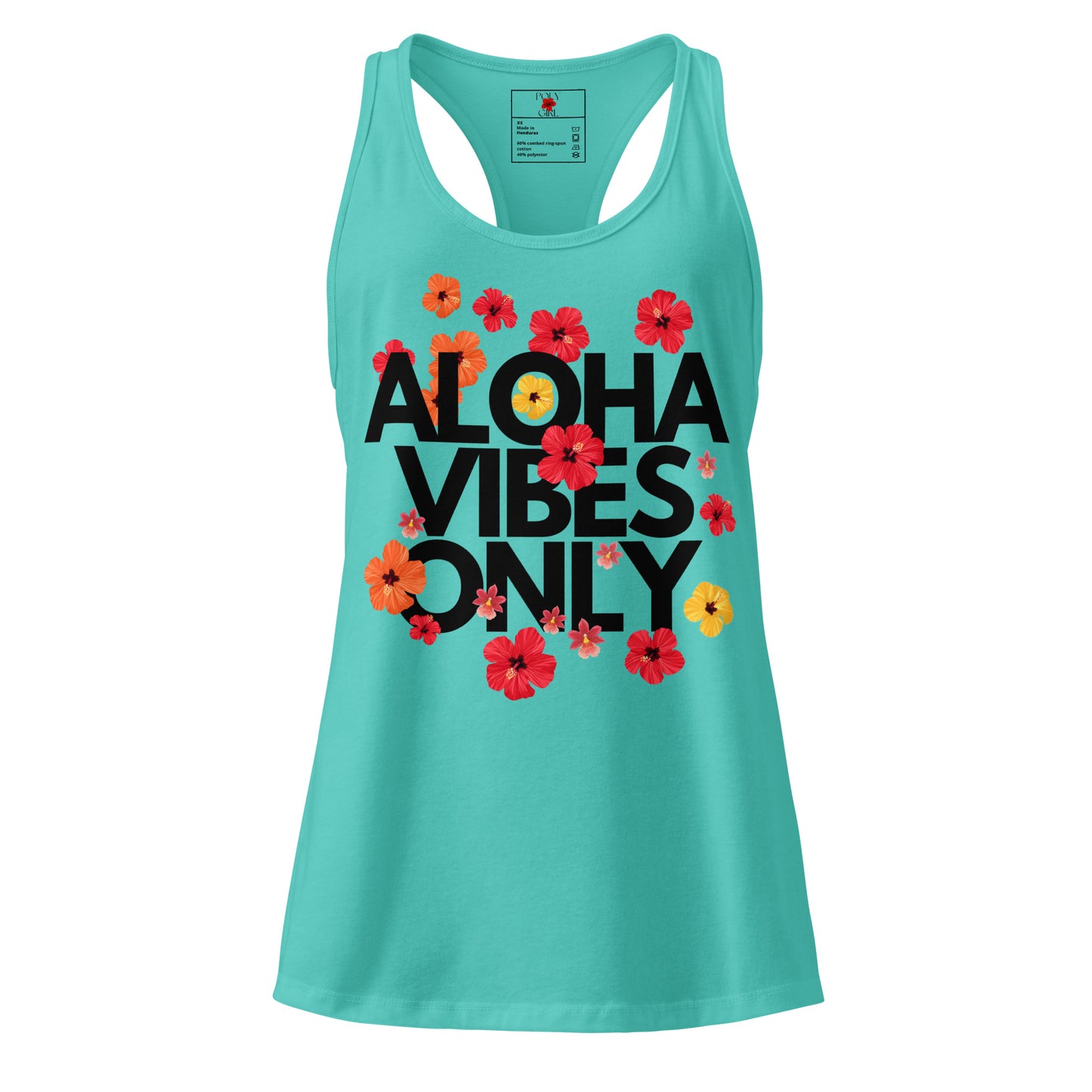 Aloha Tank Top with Aloha Vibes Design by Poly Girl in turquoise