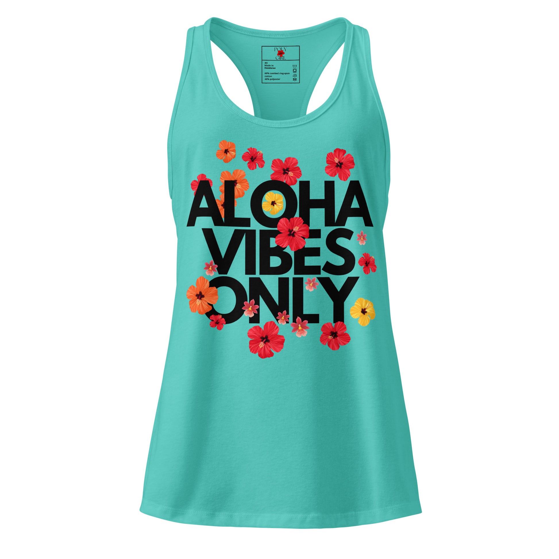 Aloha Tank Top with Aloha Vibes Design by Poly Girl in turquoise