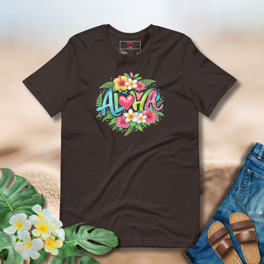Heart of Aloha Tee with Floral surrounding the word Aloha