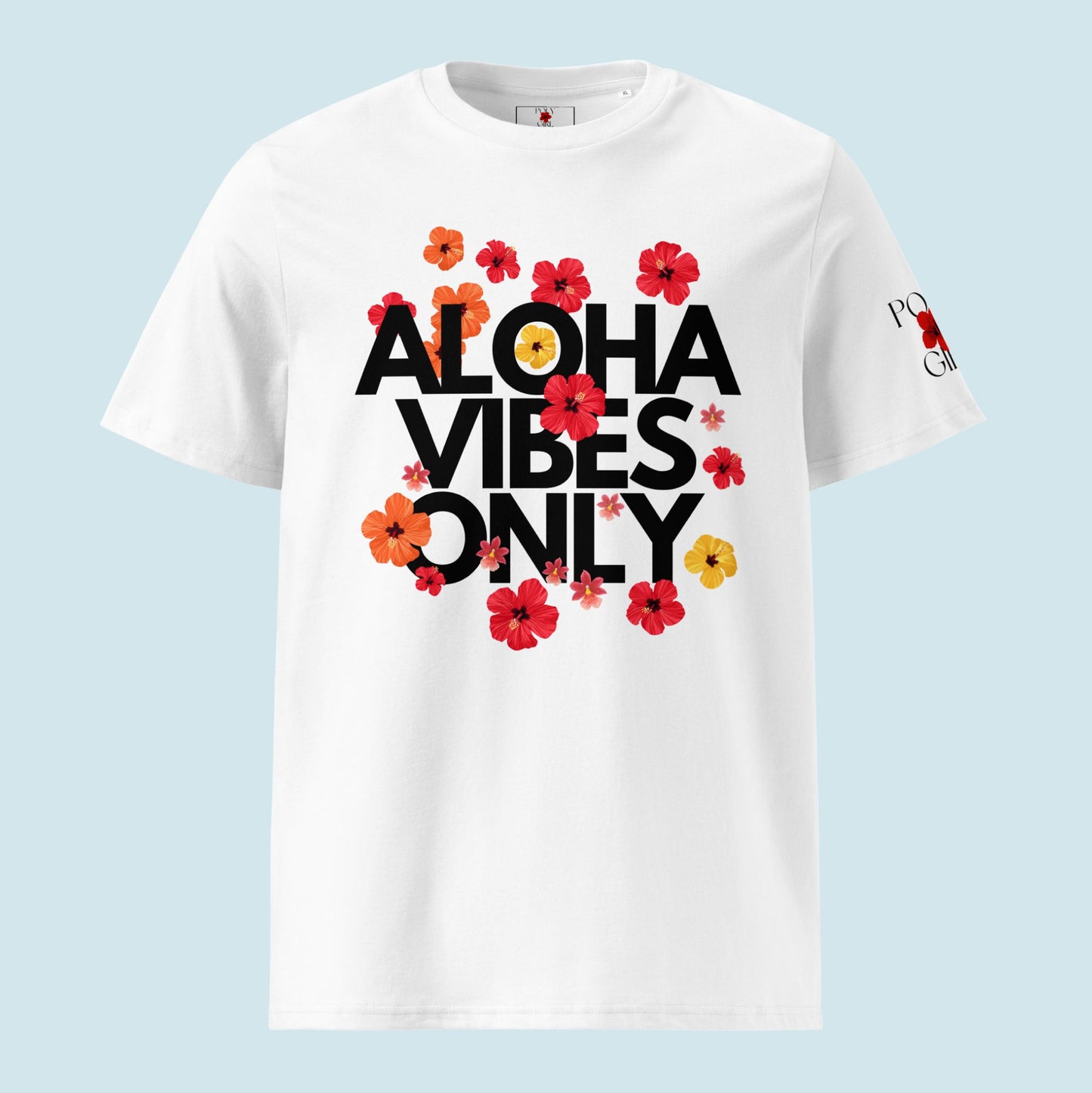 White t-shirt with 'Aloha Vibes Only' text and floral designs on a light blue background