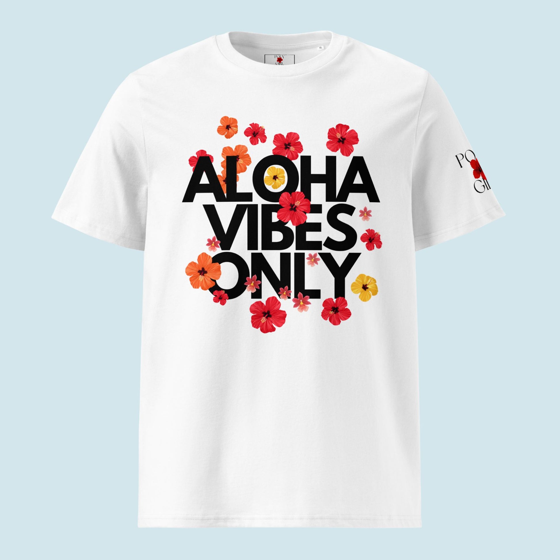 White t-shirt with 'Aloha Vibes Only' text and floral designs on a light blue background