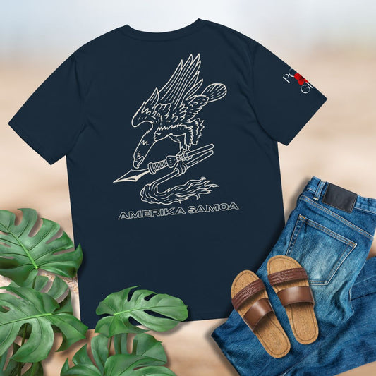 Navy blue t-shirt with eagle design and 'Amerika Samoa' text, paired with jeans and sandals on a light background.