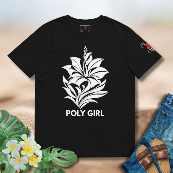 White Art Deco hibiscus graphic tee by Poly Girl in black