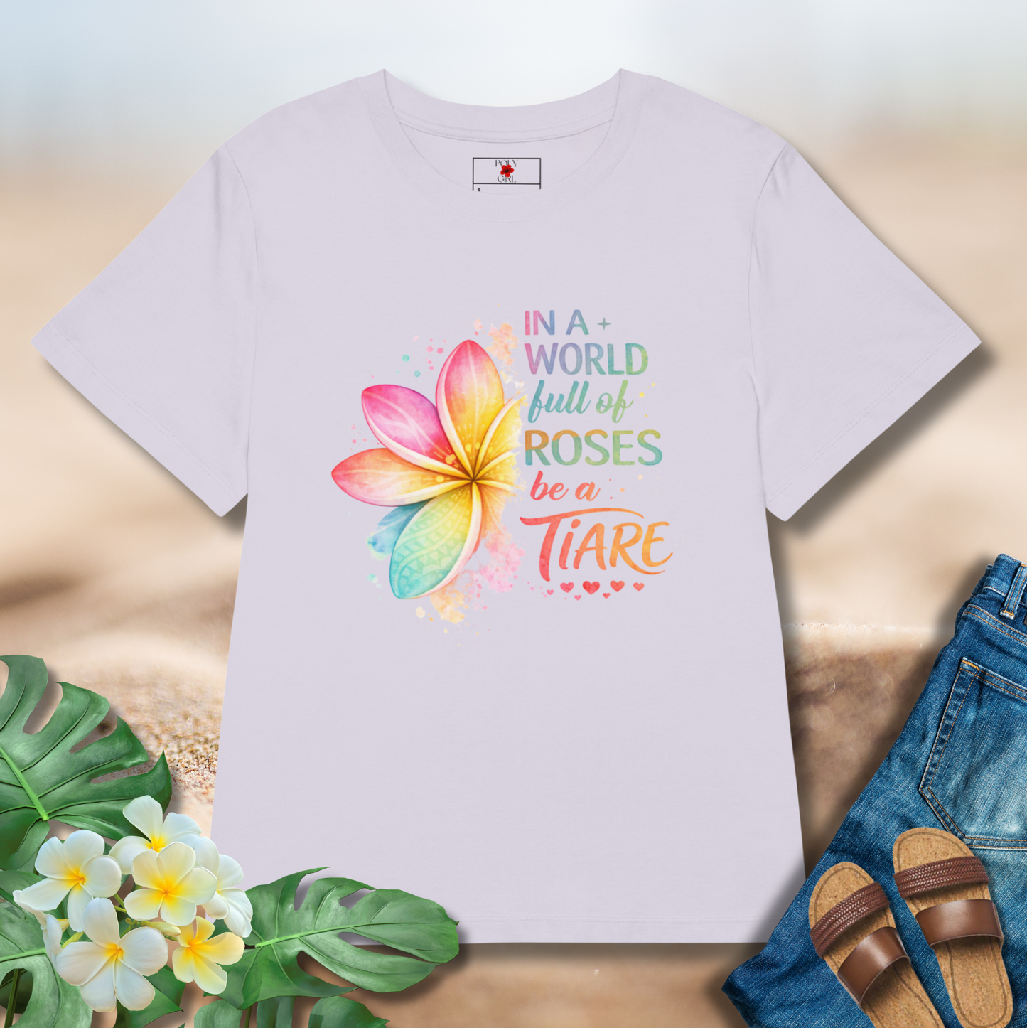 Woman's lavender tshirt with pua design and the words "In a world full of roses, be a Tiare"