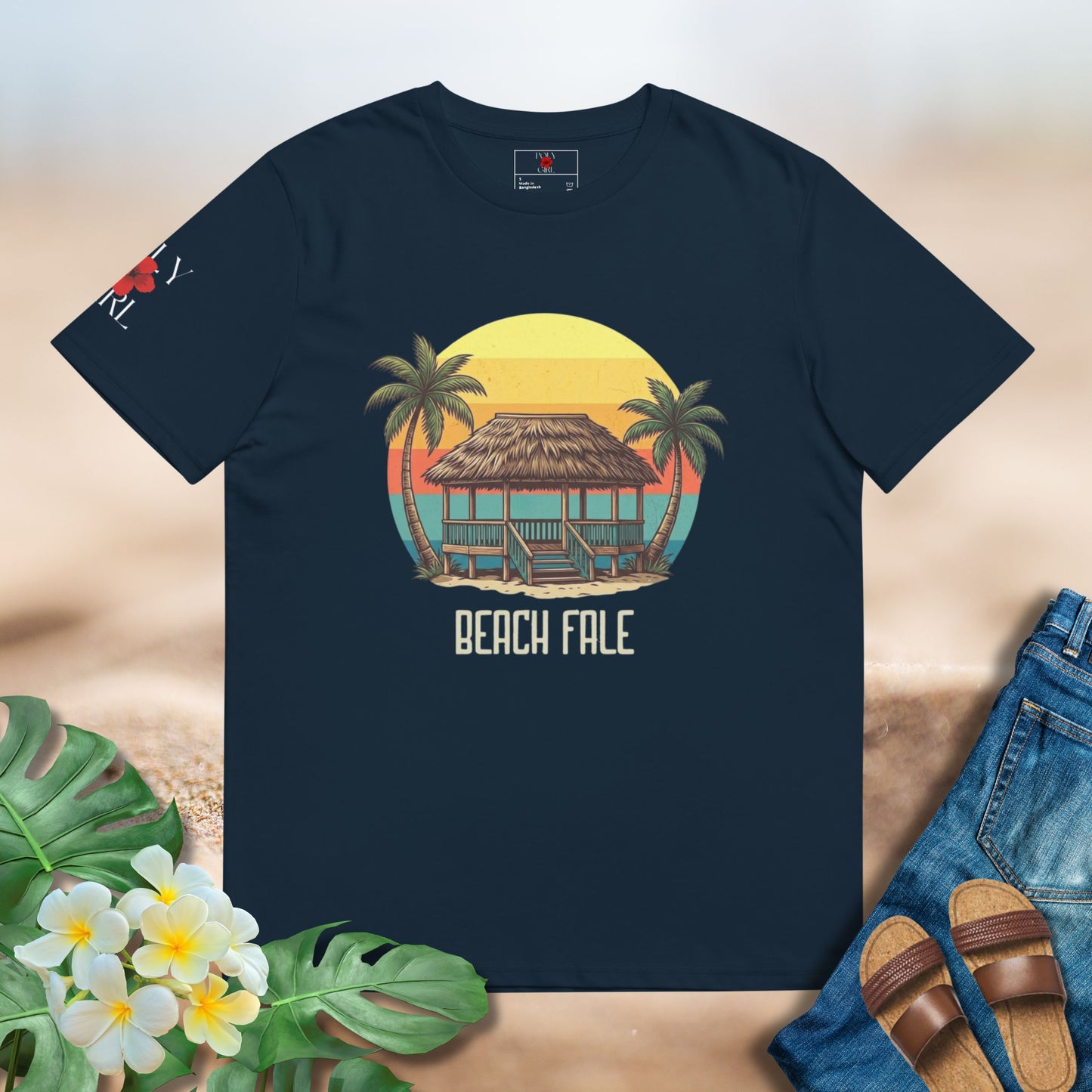 Navy blue t-shirt with 'Beach Fale' design on a neutral background by Poly Girl