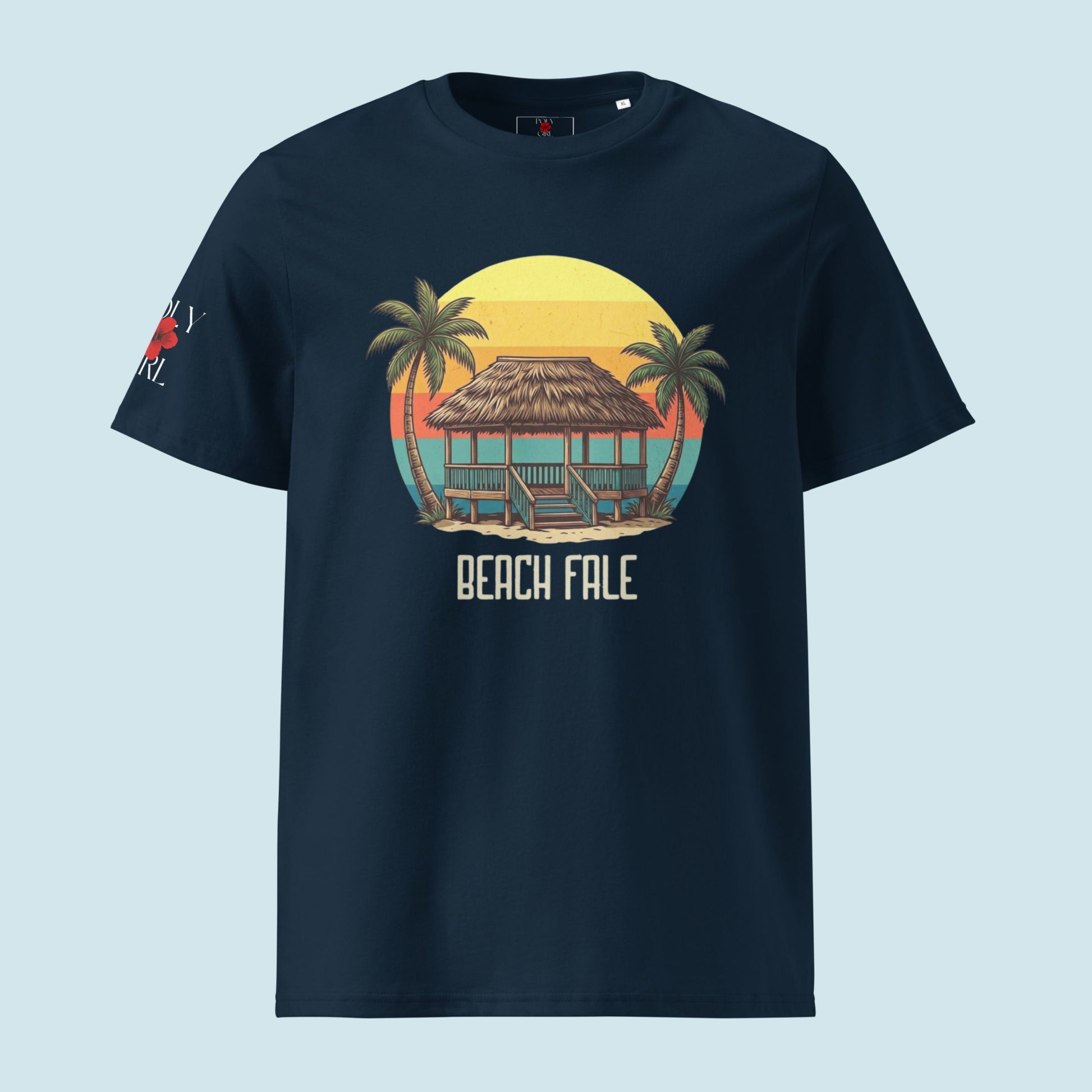 Navy blue t-shirt with a tropical hut graphic and 'Beach Fale' text on a light blue background