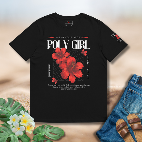 Poly Girl Beauty Revealed Tee with red hibiscuses graphic on black organic cotton t-shirt