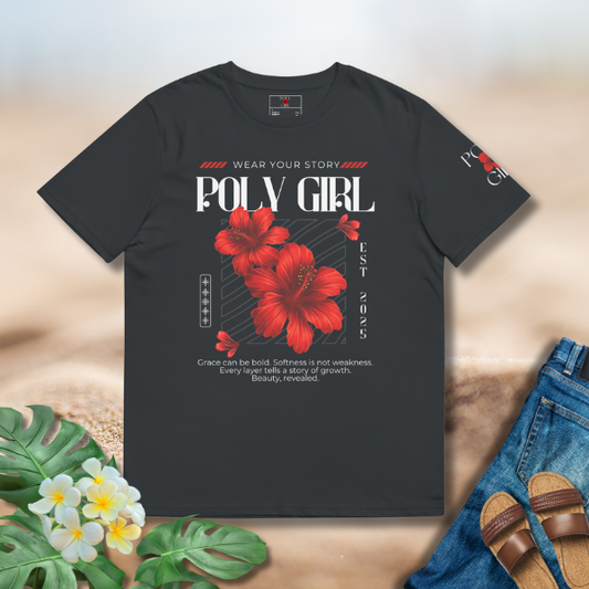 Poly Girl Beauty Revealed Tee with red hibiscuses graphic on dark gray organic cotton t-shirt
