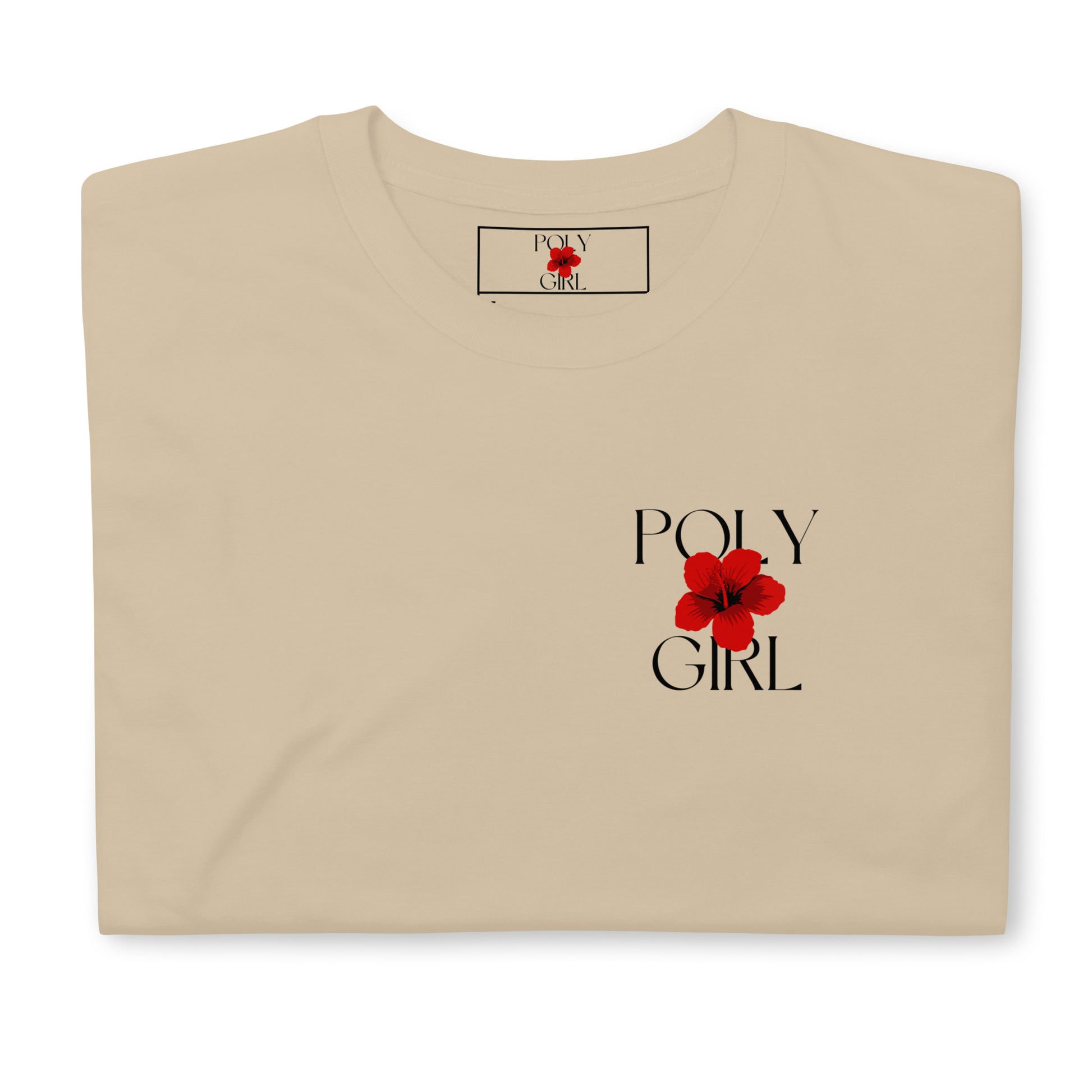 Poly Girl logo on front of beige shirt