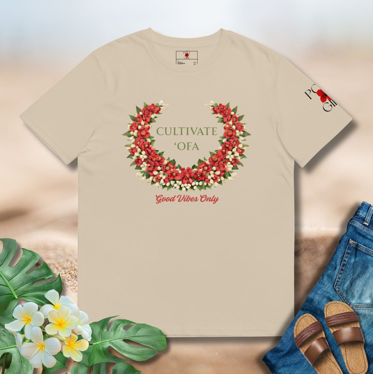 Beige shirt with Cultivate 'Ofa and Good Vibes Only by Poly Girl  - Cultivate Love.