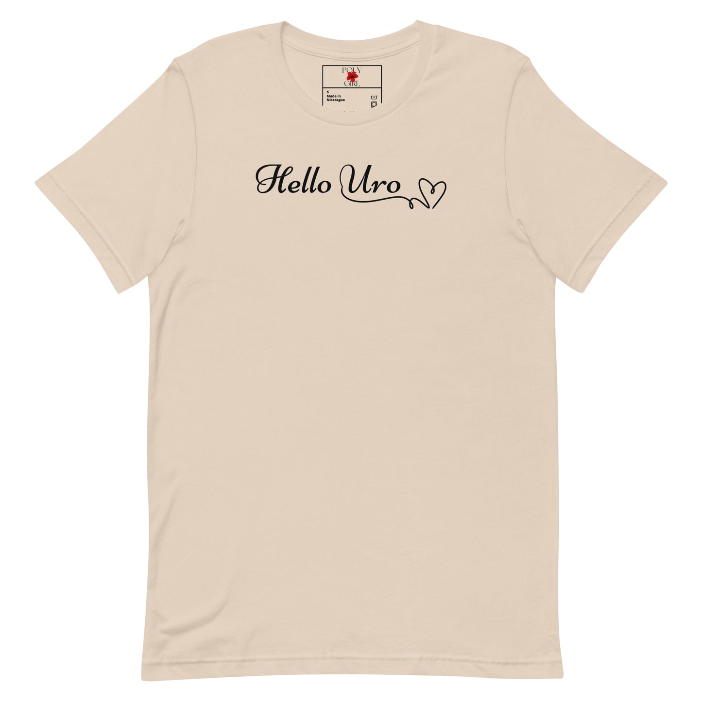 Ladies' beige t-shirt with script greeting of Hello Uro in minimalistic script. Fijian for Hello Gorgeous. 