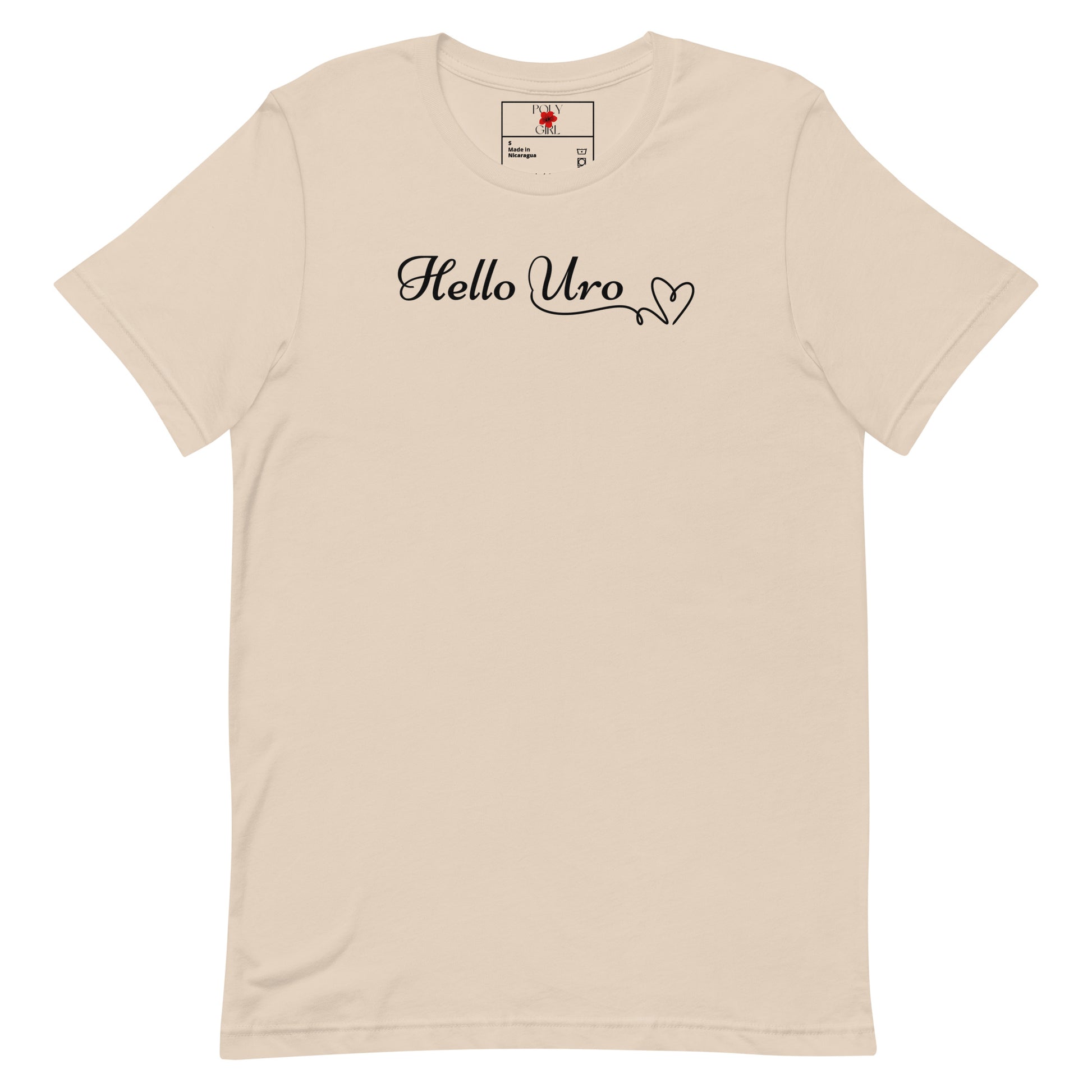 Ladies' beige t-shirt with script greeting of Hello Uro in minimalistic script. Fijian for Hello Gorgeous. 