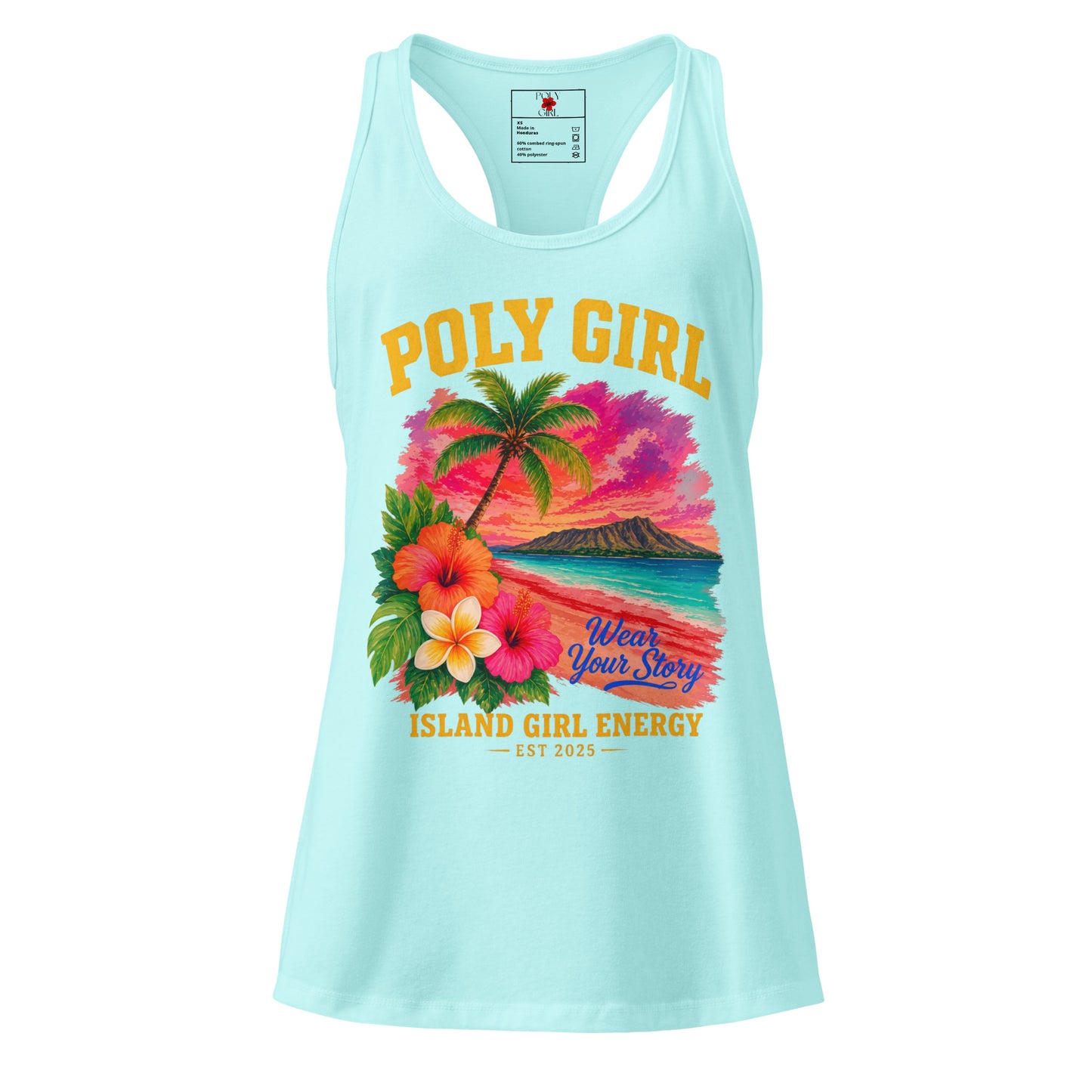 Black Racerback Tank Top with floral tropical design by Poly Girl and Island Girl Energy - Light Green