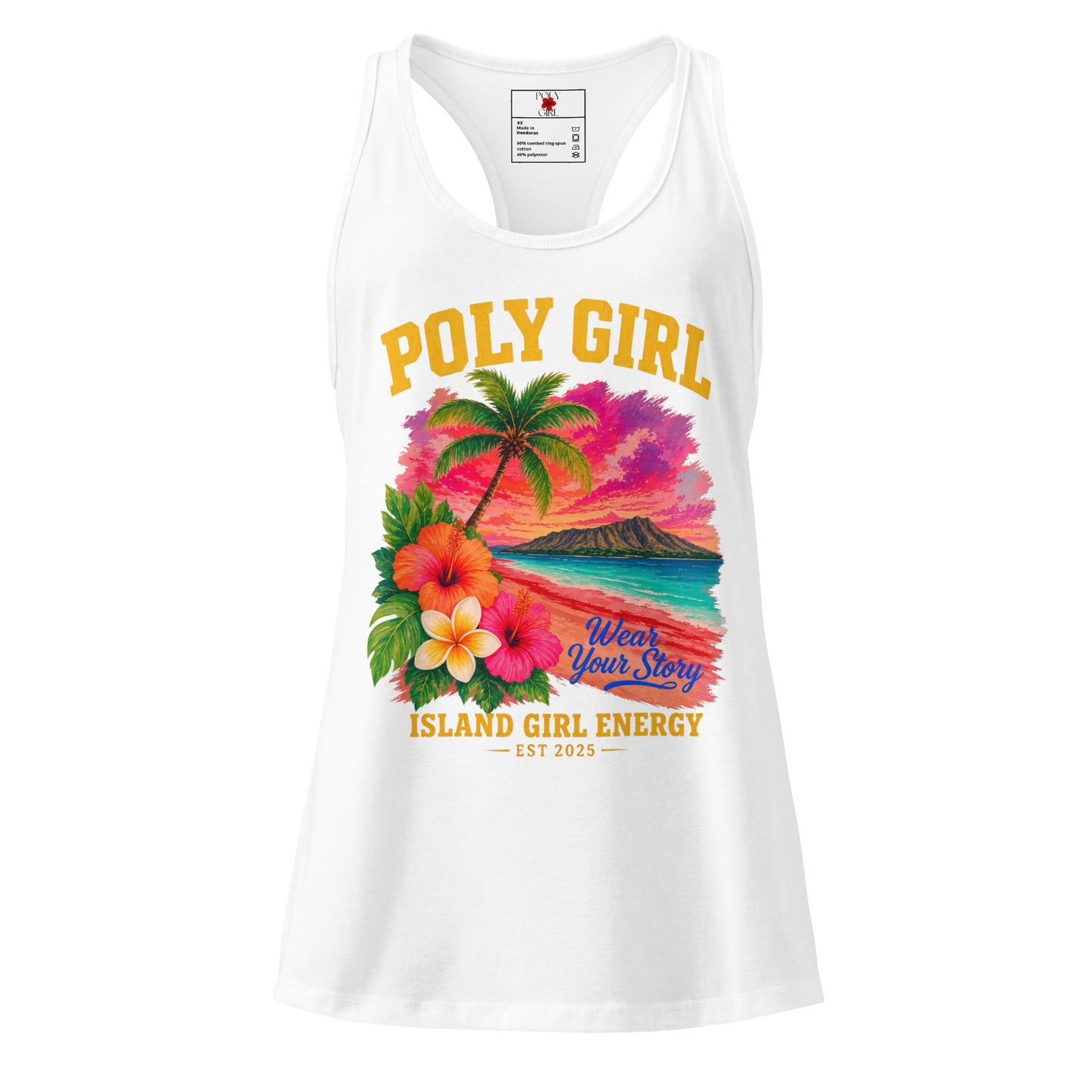  Black Racerback Tank Top with floral tropical design by Poly Girl and Island Girl Energy - White