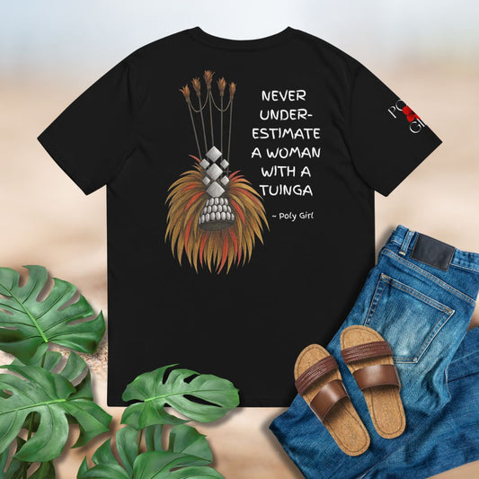 Black t-shirt with graphic design of Samoan tuinga on back, paired with jeans and sandals on a light background.