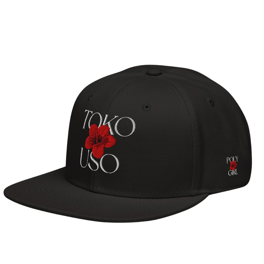 TokoUso hat with red hibiscus and Poly Girl logo
