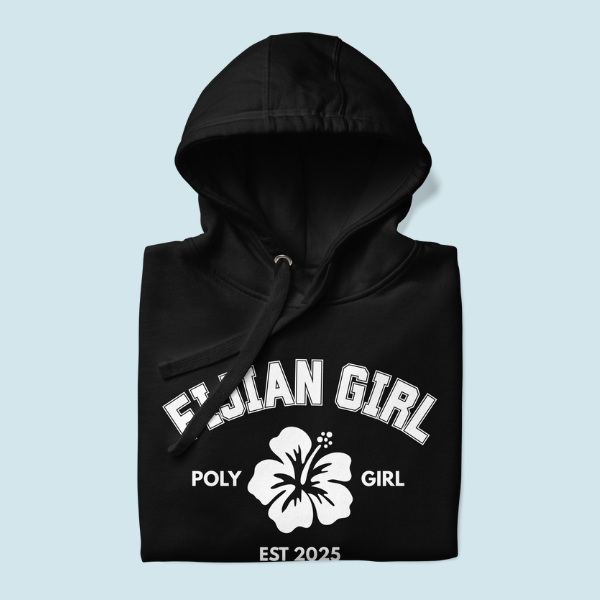 Black hoodie with 'Fijian Girl Poly Girl' text and hibiscus flower design on a light blue background